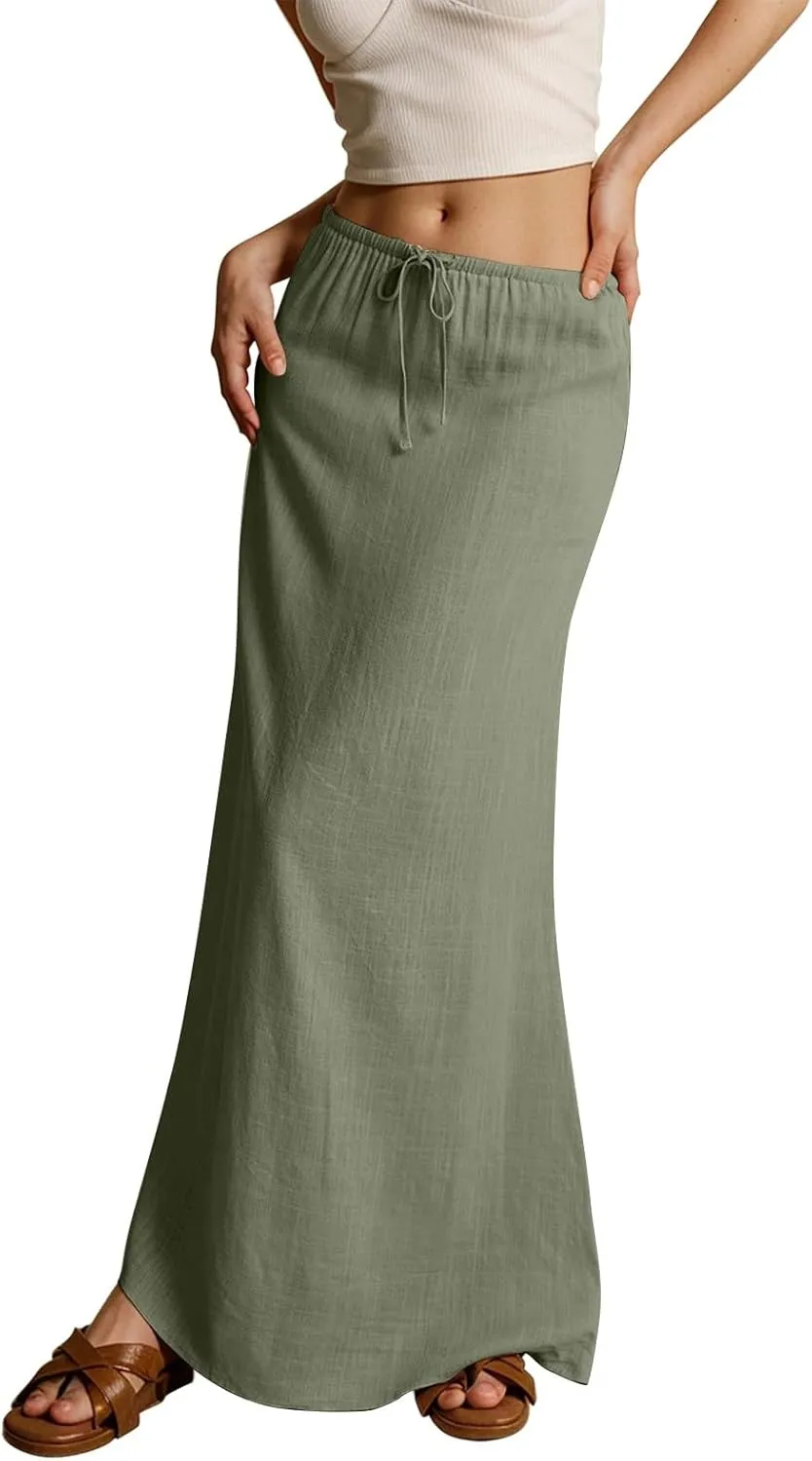 cooki Linen Flared Maxi Skirts for Women Summer Casual Vacation Boho Elastic Waist Drawstring Long Flowy Ankle-Length Skirt