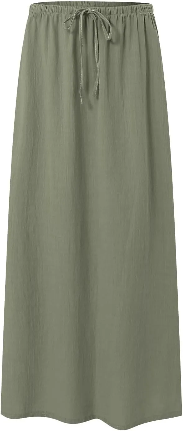 cooki Linen Flared Maxi Skirts for Women Summer Casual Vacation Boho Elastic Waist Drawstring Long Flowy Ankle-Length Skirt