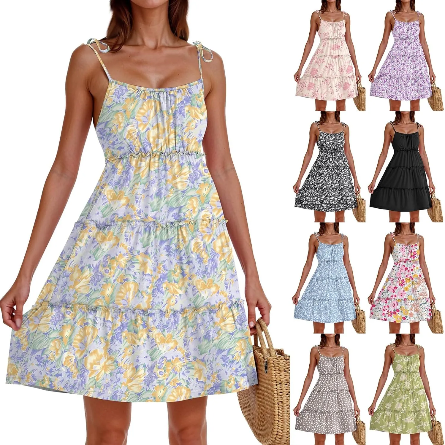 Floral Mini Dresses for Women Tiered Ruffle Spaghetti Strap Short Skater Dress 2025 Summer Flowy Boho Beach Sundress