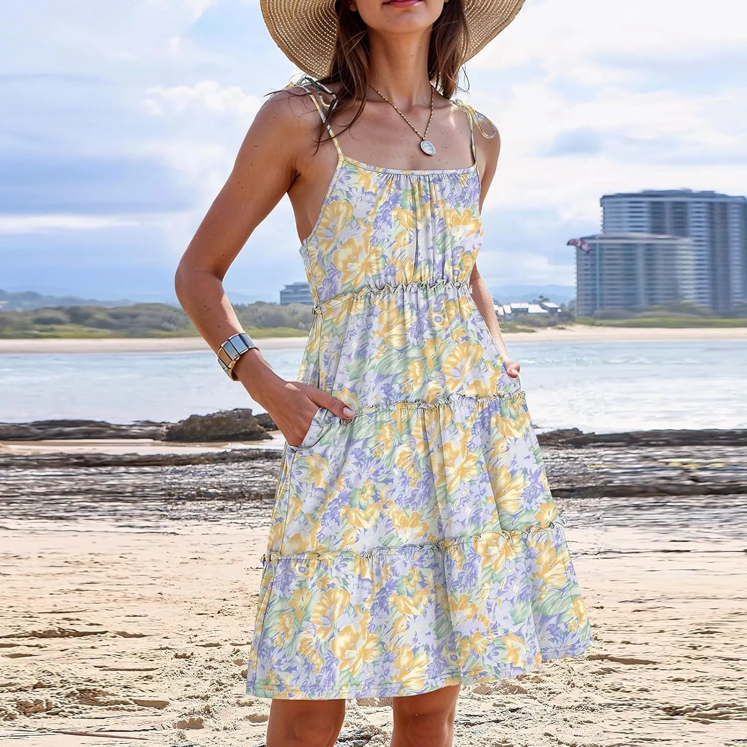 Floral Mini Dresses for Women Tiered Ruffle Spaghetti Strap Short Skater Dress 2025 Summer Flowy Boho Beach Sundress