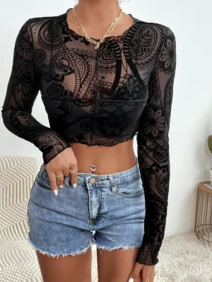 Floral Print Mesh Crop Top Without Bra FD