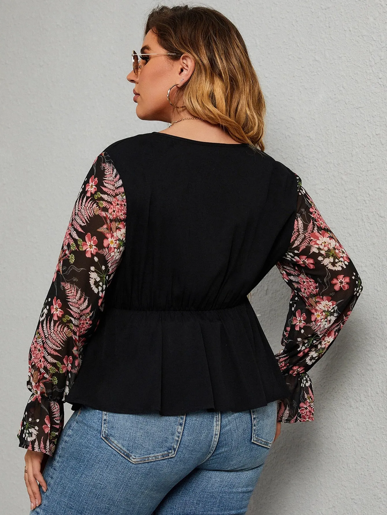 Floral Wrap Long Sleeve V Neck Regular Plus Blouse