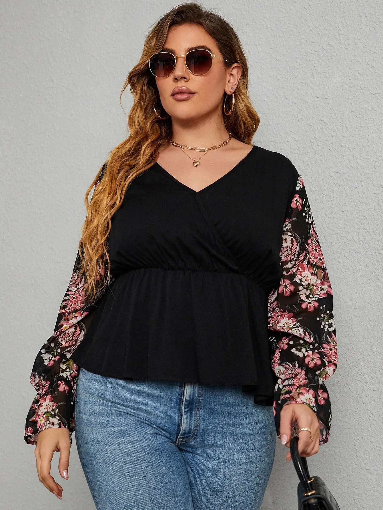 Floral Wrap Long Sleeve V Neck Regular Plus Blouse