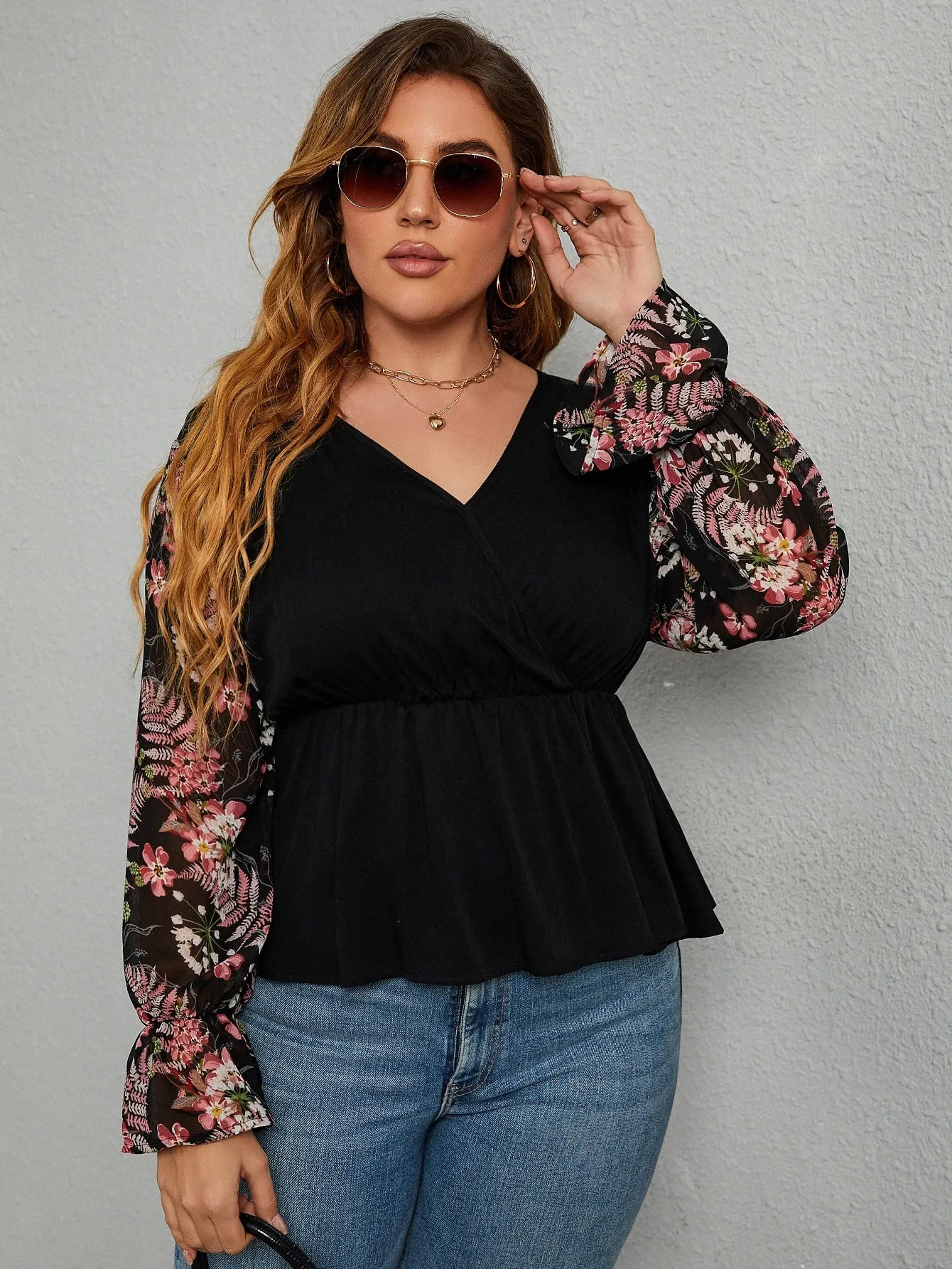 Floral Wrap Long Sleeve V Neck Regular Plus Blouse