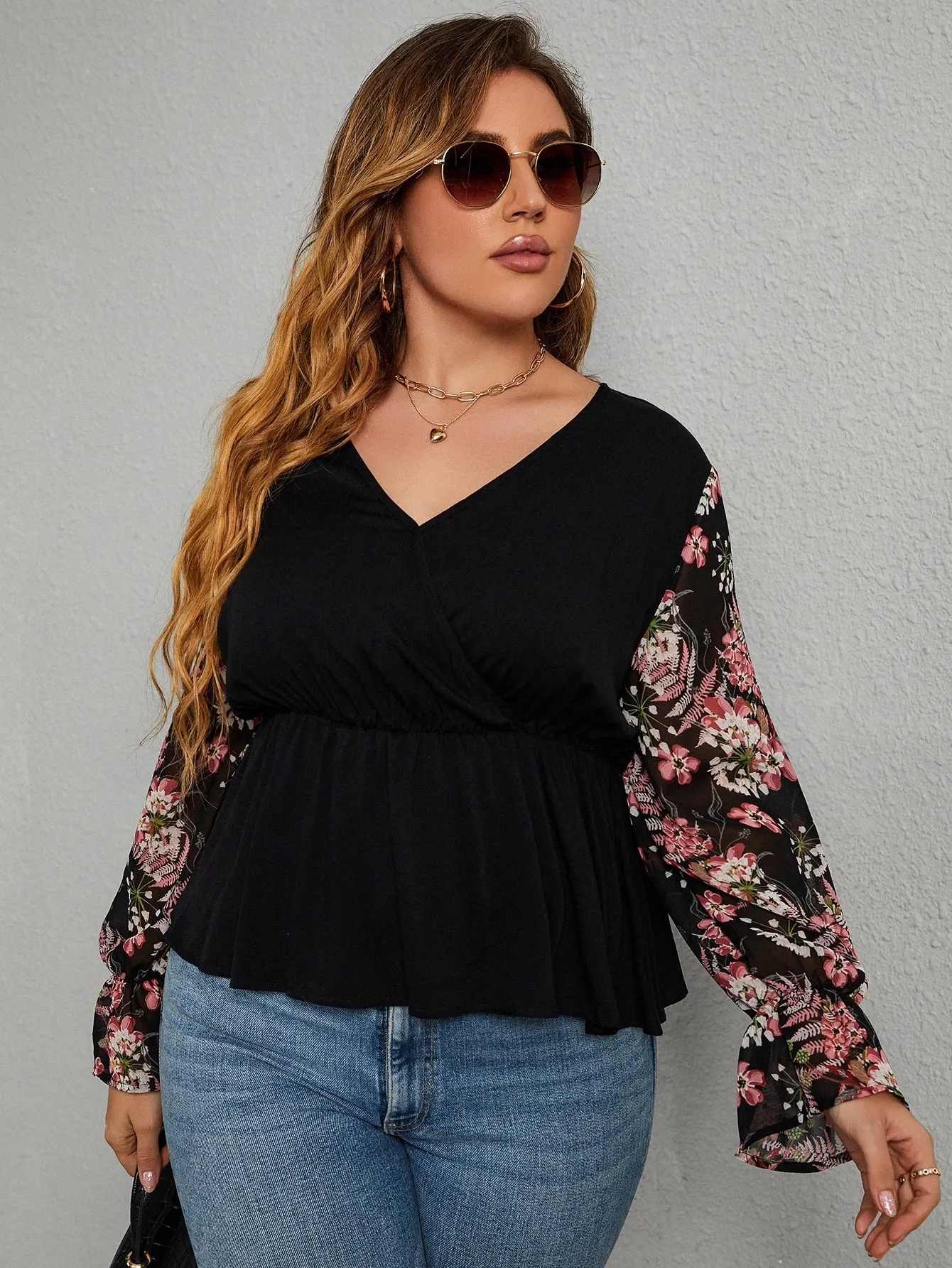 Floral Wrap Long Sleeve V Neck Regular Plus Blouse