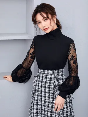 High Neck Lace Lantern Sleeve Top( Clearance Sale)