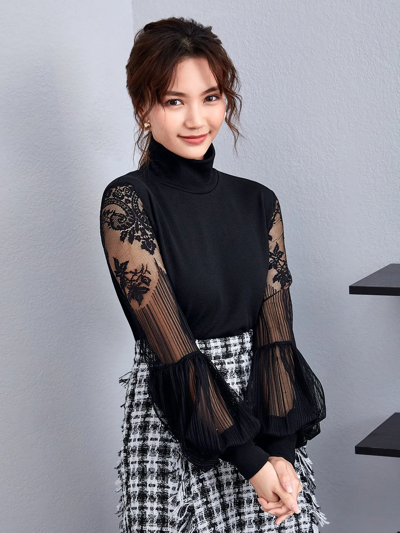 High Neck Lace Lantern Sleeve Top( Clearance Sale)