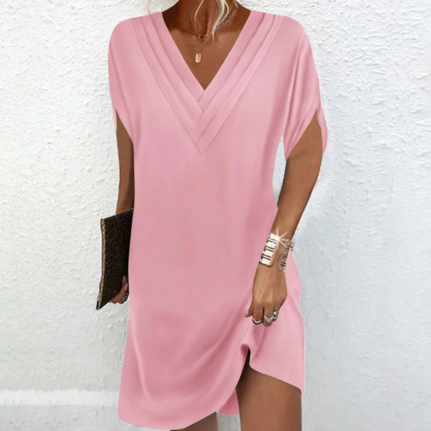 hlysgo Womens Summer Dress Casual Loose Fit Short Sleeve V Neck Mini Dress Cute Knee Length Lounge Dresses for Teen Girls