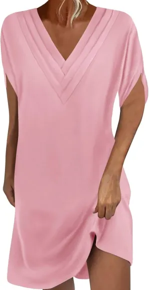 hlysgo Womens Summer Dress Casual Loose Fit Short Sleeve V Neck Mini Dress Cute Knee Length Lounge Dresses for Teen Girls