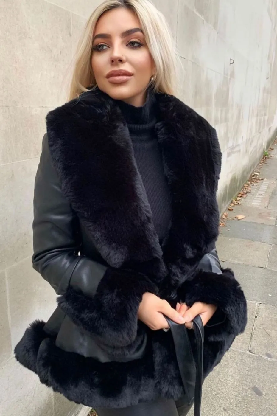 Joci Black PU Faux Leather Faux Fur Trim Hooded Coat