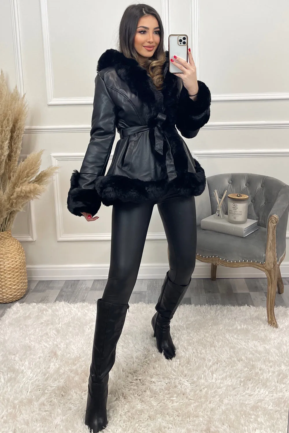 Joci Black PU Faux Leather Faux Fur Trim Hooded Coat