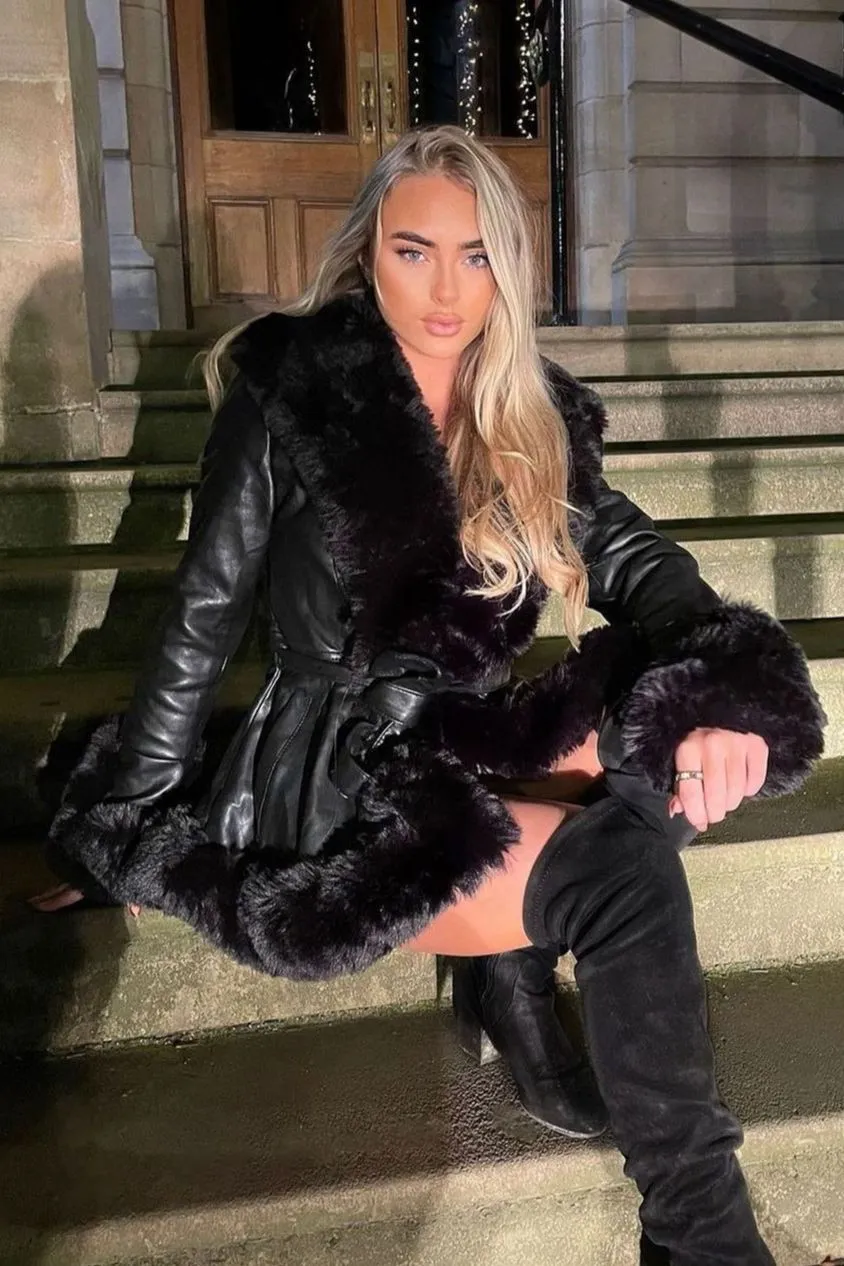 Joci Black PU Faux Leather Faux Fur Trim Hooded Coat