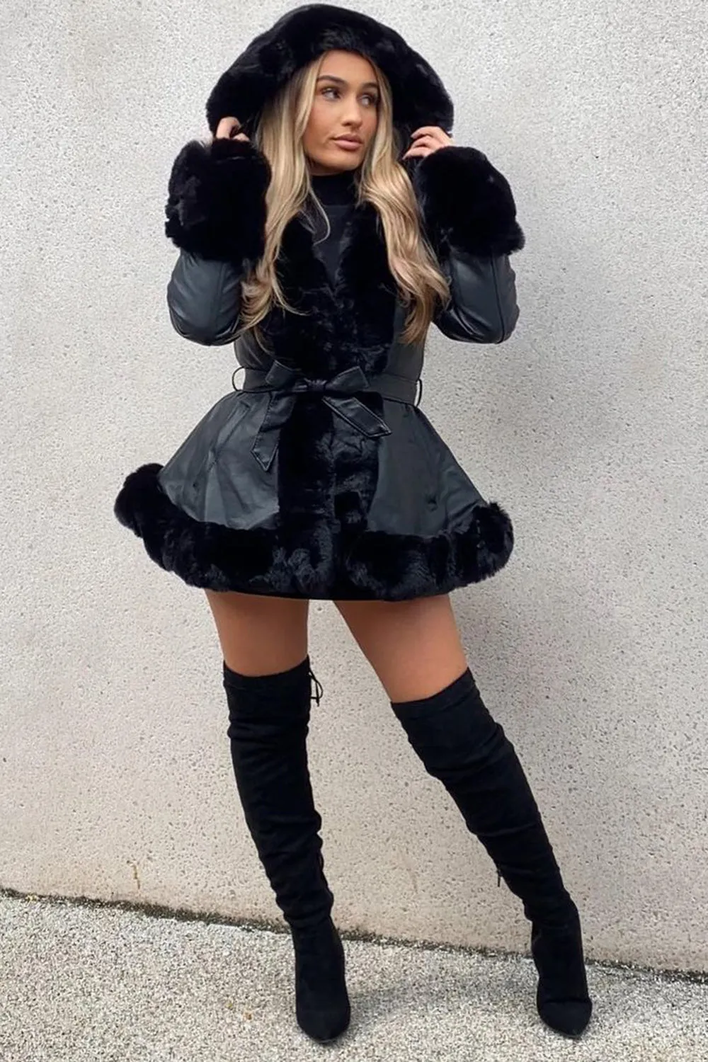 Joci Black PU Faux Leather Faux Fur Trim Hooded Coat