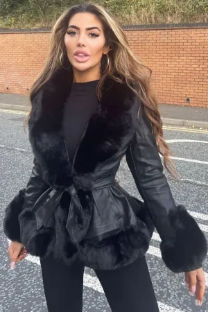 Joci Black PU Faux Leather Faux Fur Trim Hooded Coat