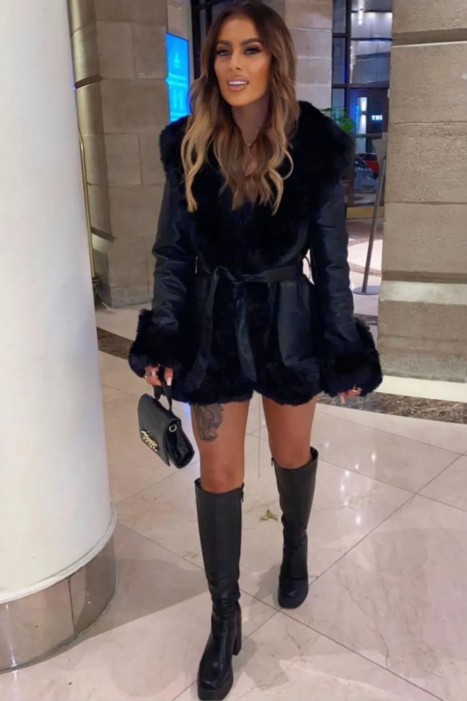 Joci Black PU Faux Leather Faux Fur Trim Hooded Coat