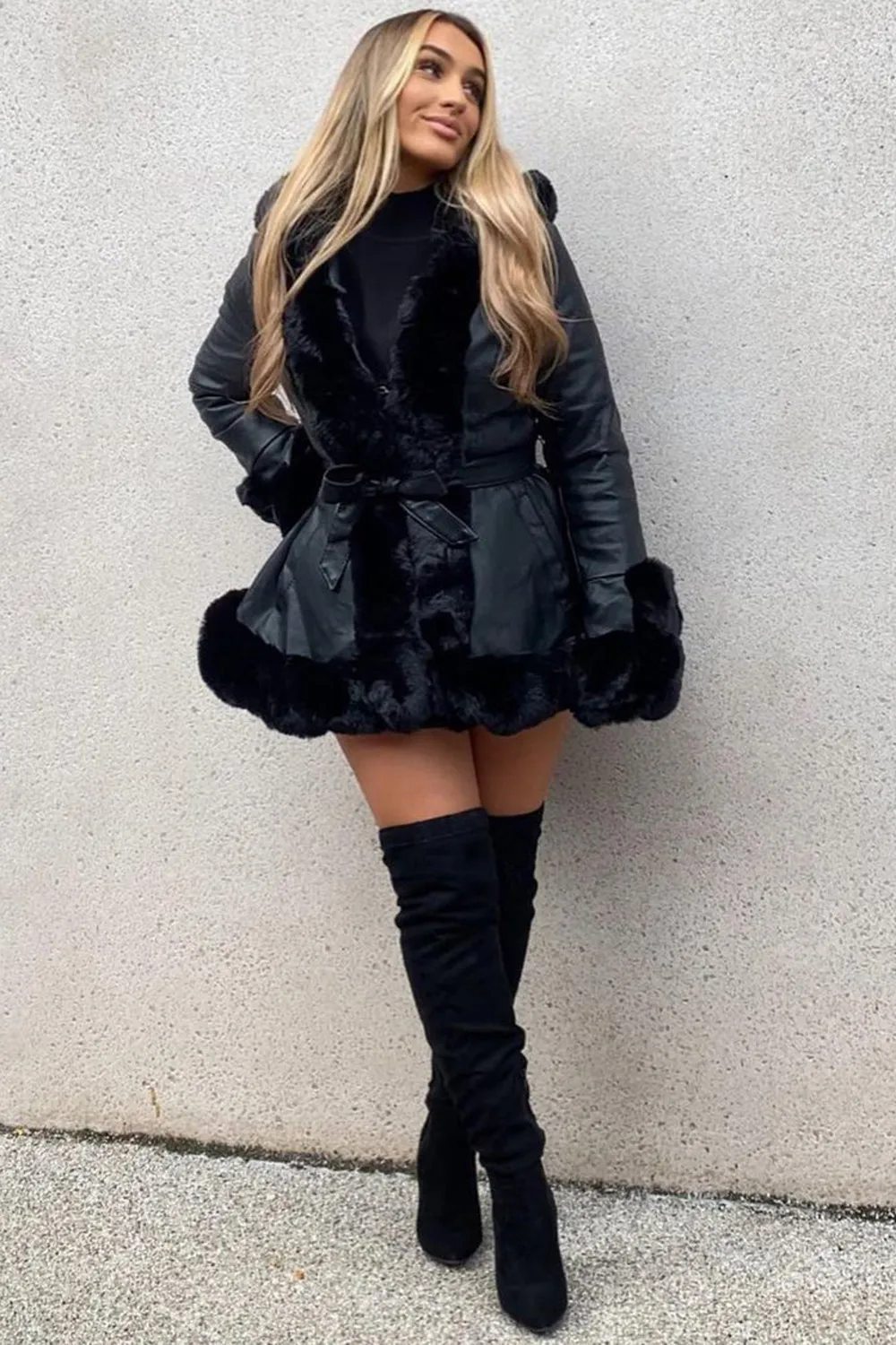 Joci Black PU Faux Leather Faux Fur Trim Hooded Coat