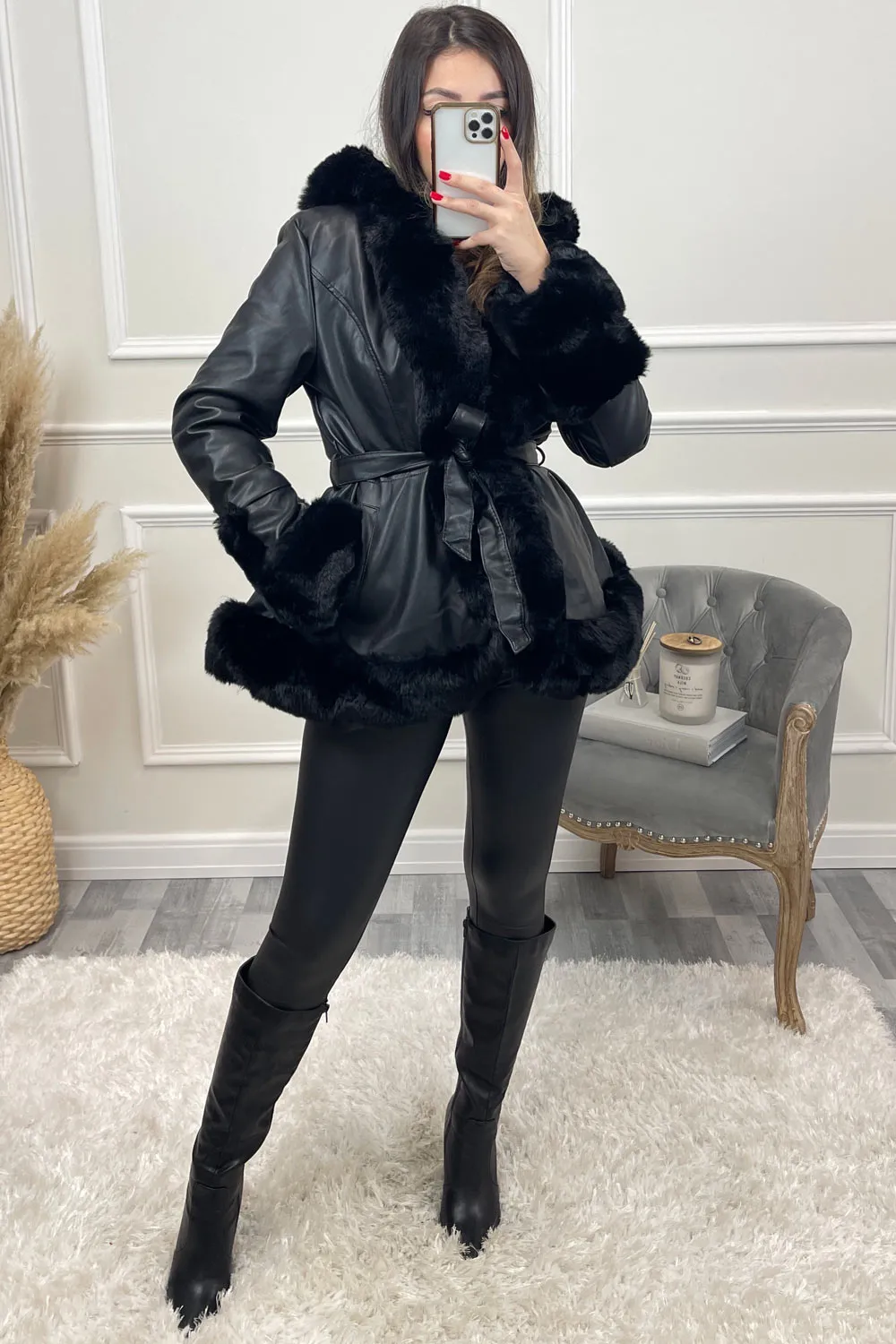 Joci Black PU Faux Leather Faux Fur Trim Hooded Coat