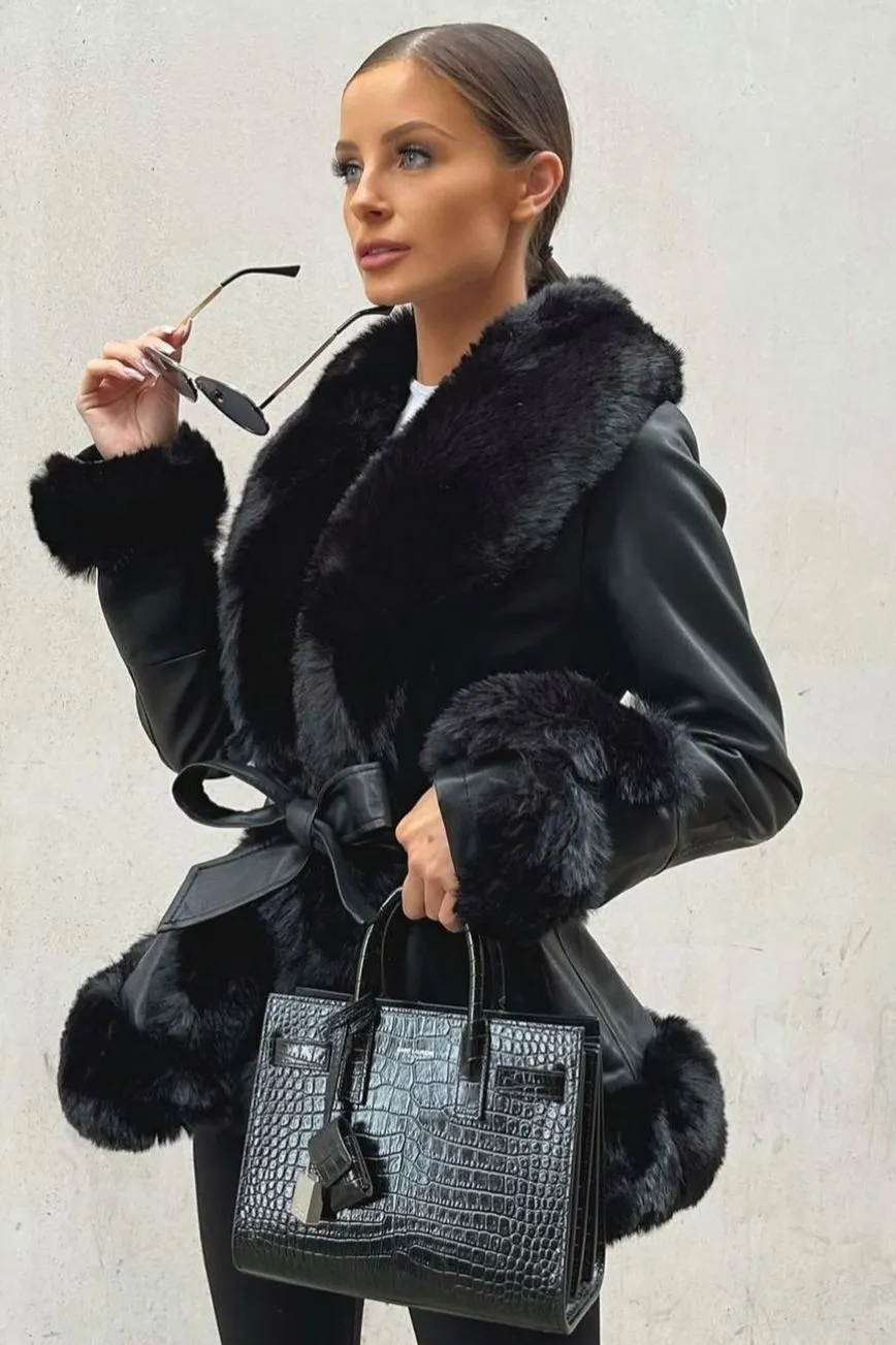 Joci Black PU Faux Leather Faux Fur Trim Hooded Coat