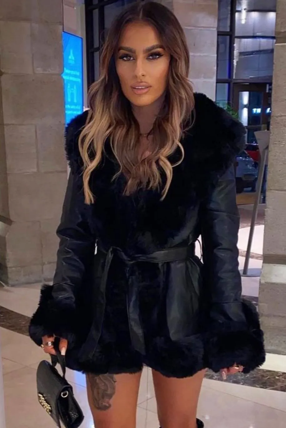 Joci Black PU Faux Leather Faux Fur Trim Hooded Coat