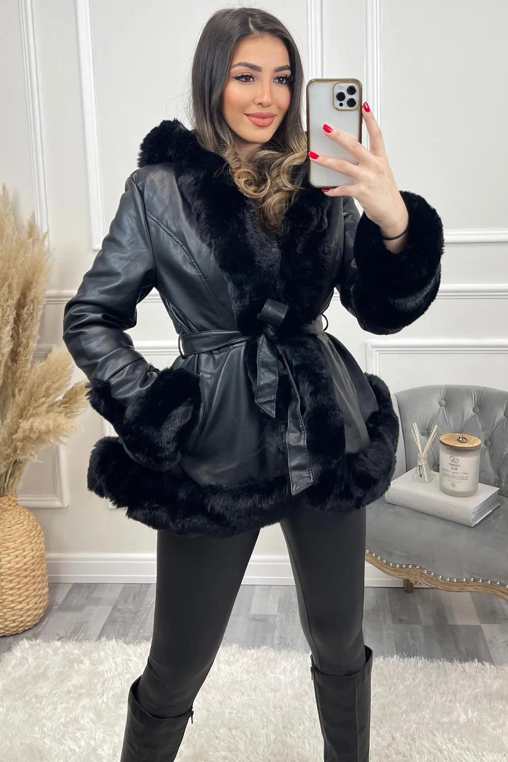 Joci Black PU Faux Leather Faux Fur Trim Hooded Coat