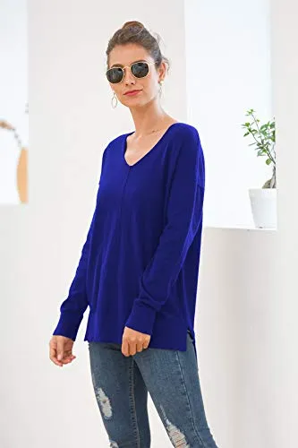 Jouica Women's Casual V Neck Long Sleeve Knit Top Loose Pullover Sweater,Royal Blue,X-Large