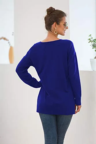 Jouica Women's Casual V Neck Long Sleeve Knit Top Loose Pullover Sweater,Royal Blue,X-Large
