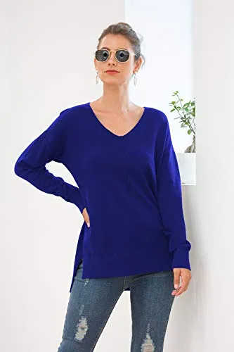 Jouica Women's Casual V Neck Long Sleeve Knit Top Loose Pullover Sweater,Royal Blue,X-Large