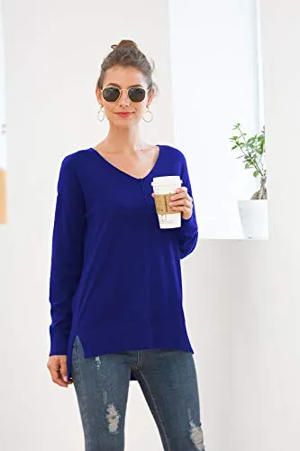 Jouica Women's Casual V Neck Long Sleeve Knit Top Loose Pullover Sweater,Royal Blue,X-Large