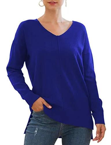 Jouica Women's Casual V Neck Long Sleeve Knit Top Loose Pullover Sweater,Royal Blue,X-Large