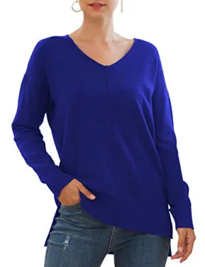 Jouica Women's Casual V Neck Long Sleeve Knit Top Loose Pullover Sweater,Royal Blue,X-Large