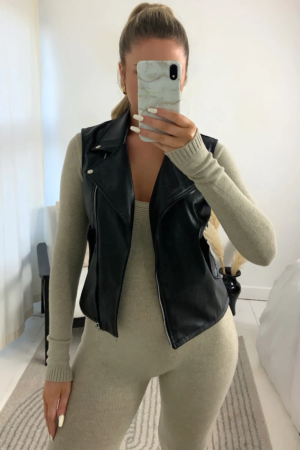 Kadie Black Faux Leather PU Zip Up Gilet