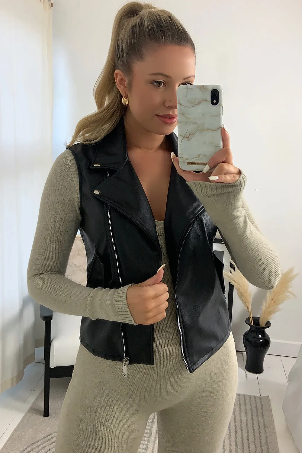 Kadie Black Faux Leather PU Zip Up Gilet