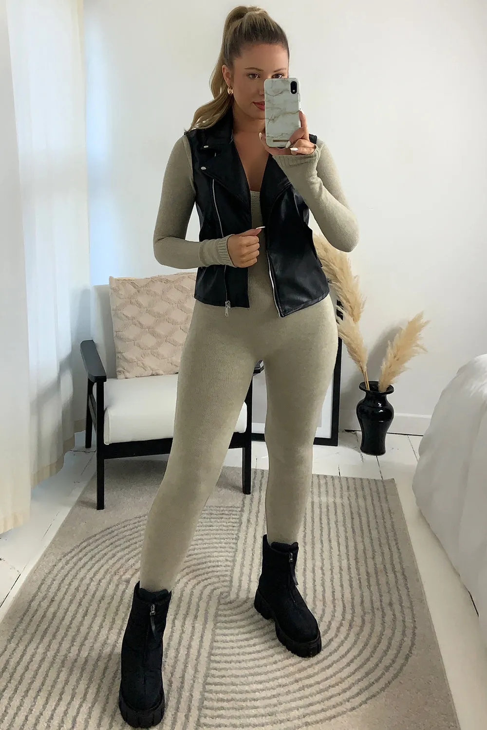 Kadie Black Faux Leather PU Zip Up Gilet