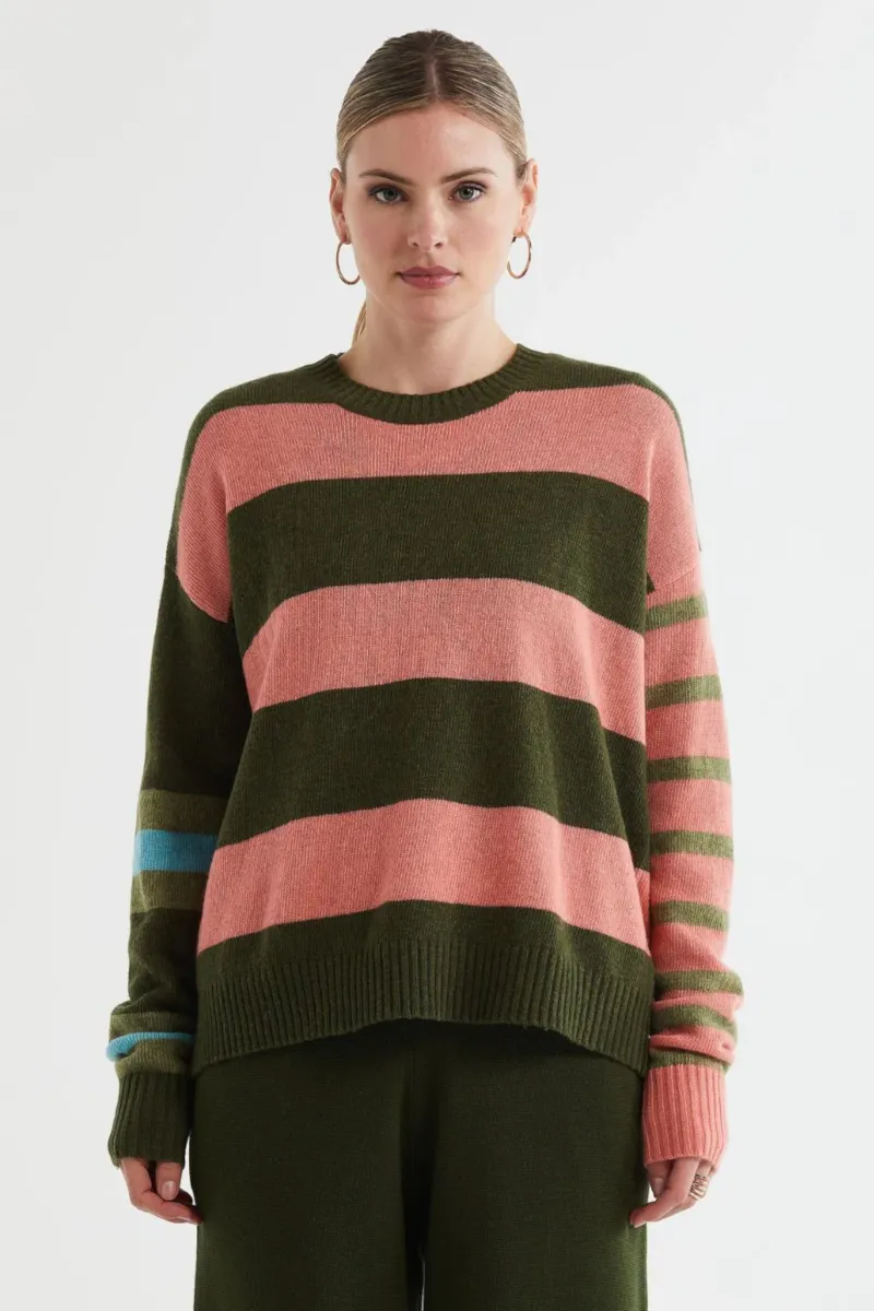 Ld & Co - Lambswool Stripe Crew Olive