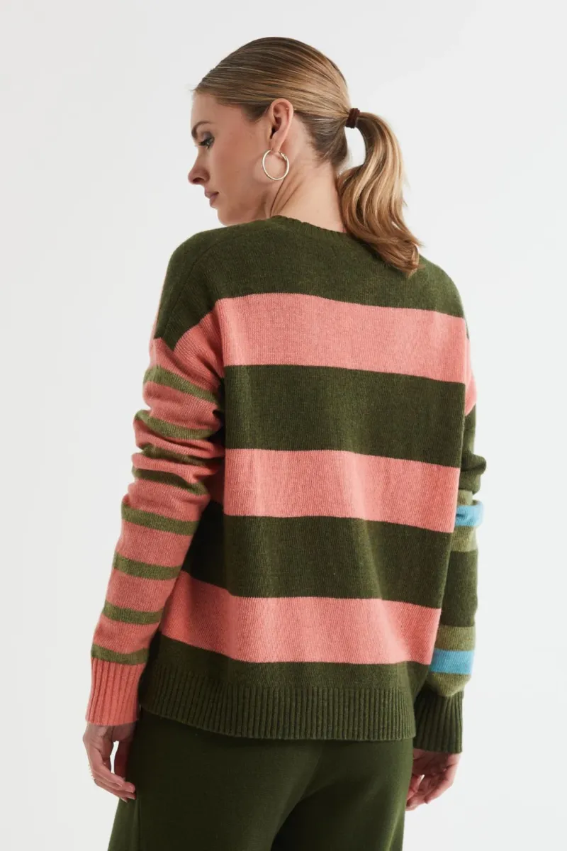 Ld & Co - Lambswool Stripe Crew Olive