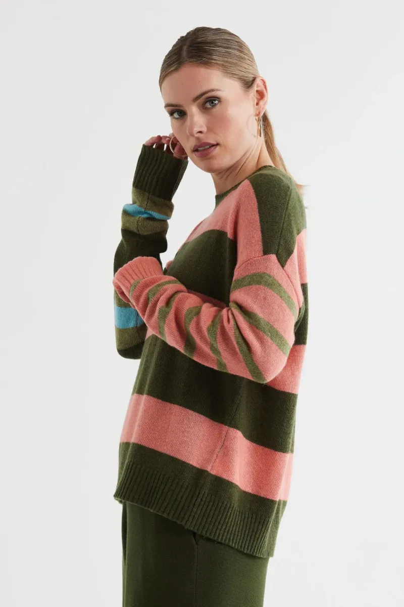 Ld & Co - Lambswool Stripe Crew Olive
