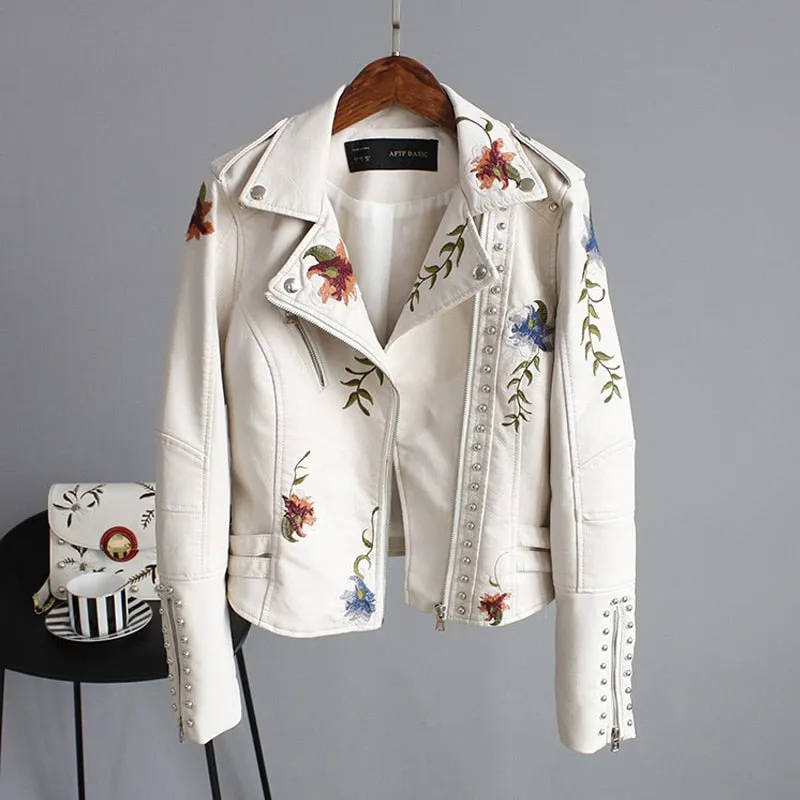 Leather Jackets Punk Style Faux Soft   Women Embroidery Floral Faux