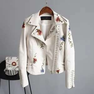 Leather Jackets Punk Style Faux Soft   Women Embroidery Floral Faux