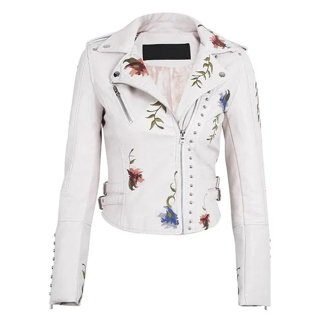 Leather Jackets Punk Style Faux Soft   Women Embroidery Floral Faux