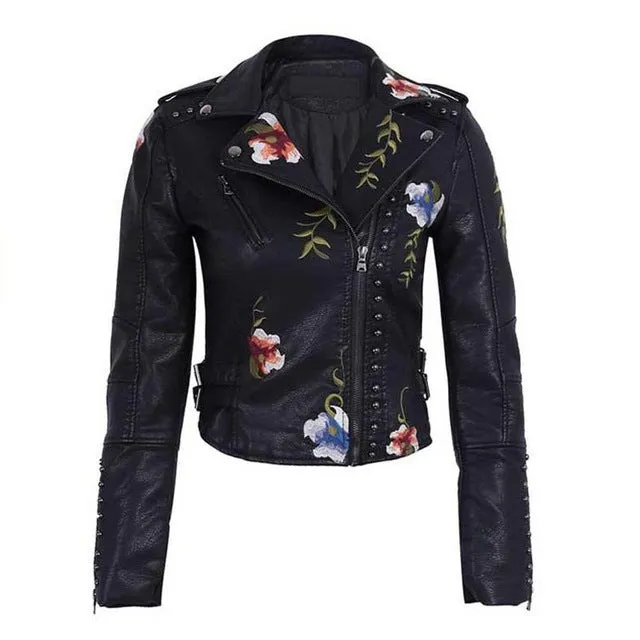 Leather Jackets Punk Style Faux Soft   Women Embroidery Floral Faux