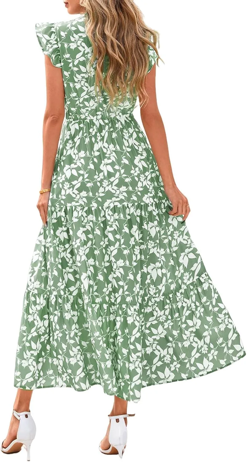 Maxi Dresses Casual Summer Wrap Maxi Dress Boho Floral Long Dresses V Neck Flutter Short Sleeve Ruffle Hem Swing Dress