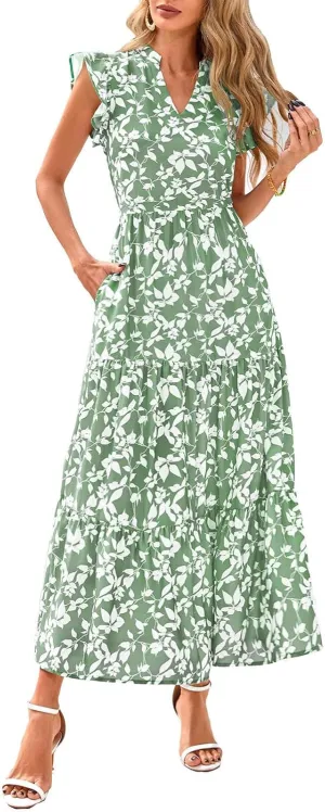 Maxi Dresses Casual Summer Wrap Maxi Dress Boho Floral Long Dresses V Neck Flutter Short Sleeve Ruffle Hem Swing Dress