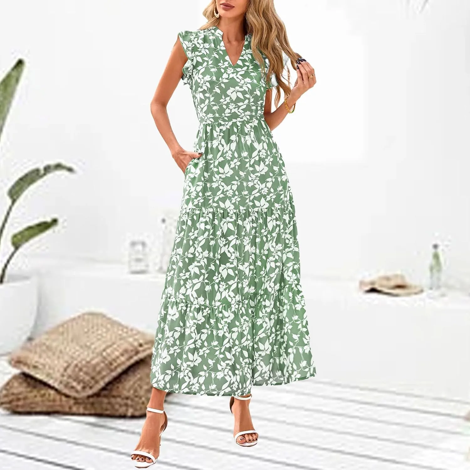 Maxi Dresses Casual Summer Wrap Maxi Dress Boho Floral Long Dresses V Neck Flutter Short Sleeve Ruffle Hem Swing Dress