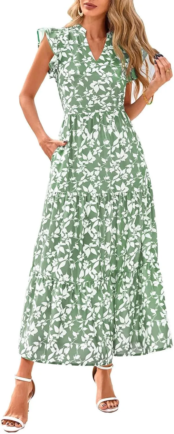 Maxi Dresses Casual Summer Wrap Maxi Dress Boho Floral Long Dresses V Neck Flutter Short Sleeve Ruffle Hem Swing Dress