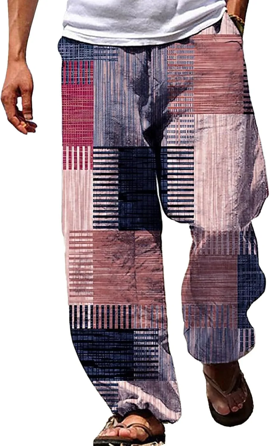 Men Color Block Casual Pants Trendy Irregular Print Slacks Drawstring Relaxed Fit Beach Vacation Trousers for Summer
