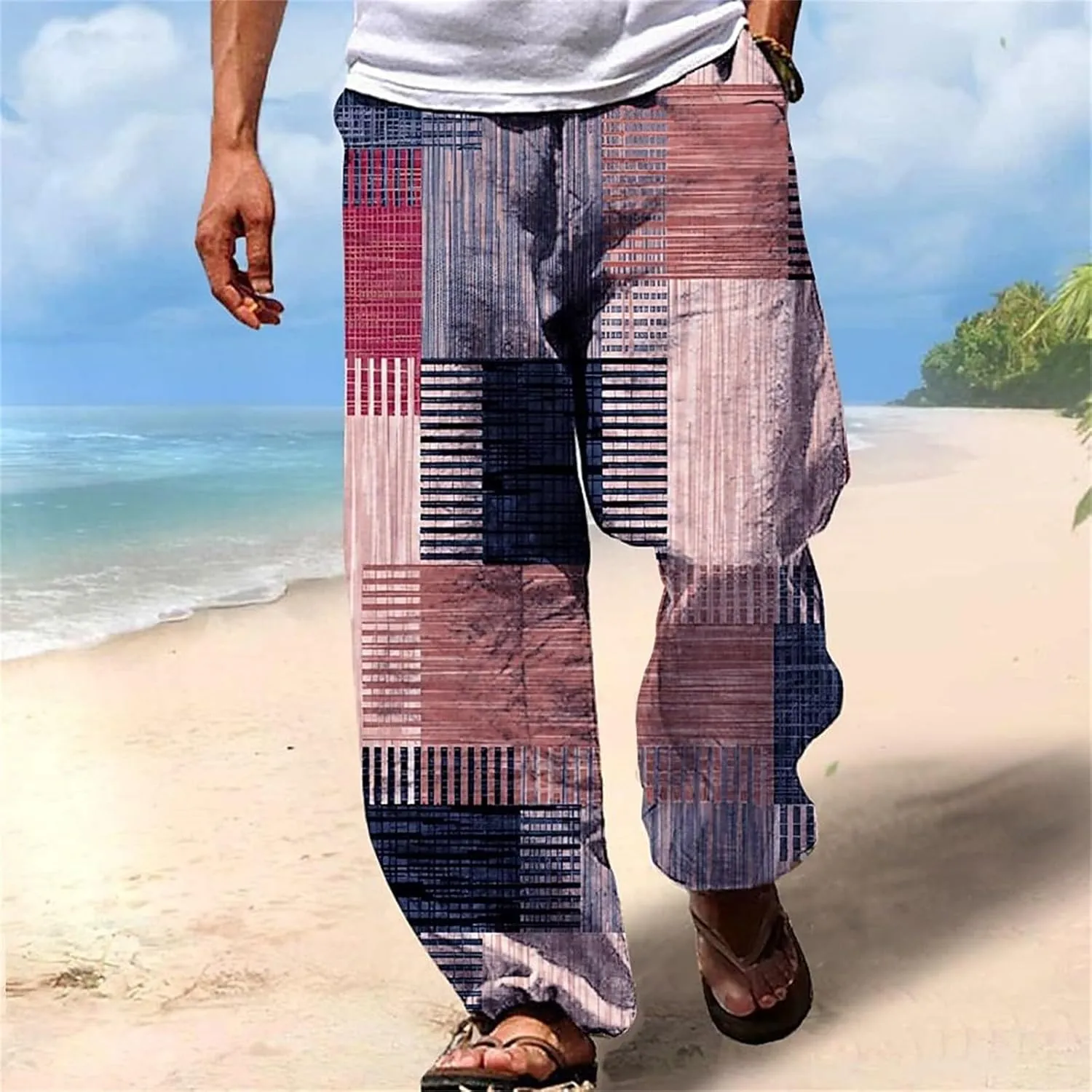 Men Color Block Casual Pants Trendy Irregular Print Slacks Drawstring Relaxed Fit Beach Vacation Trousers for Summer