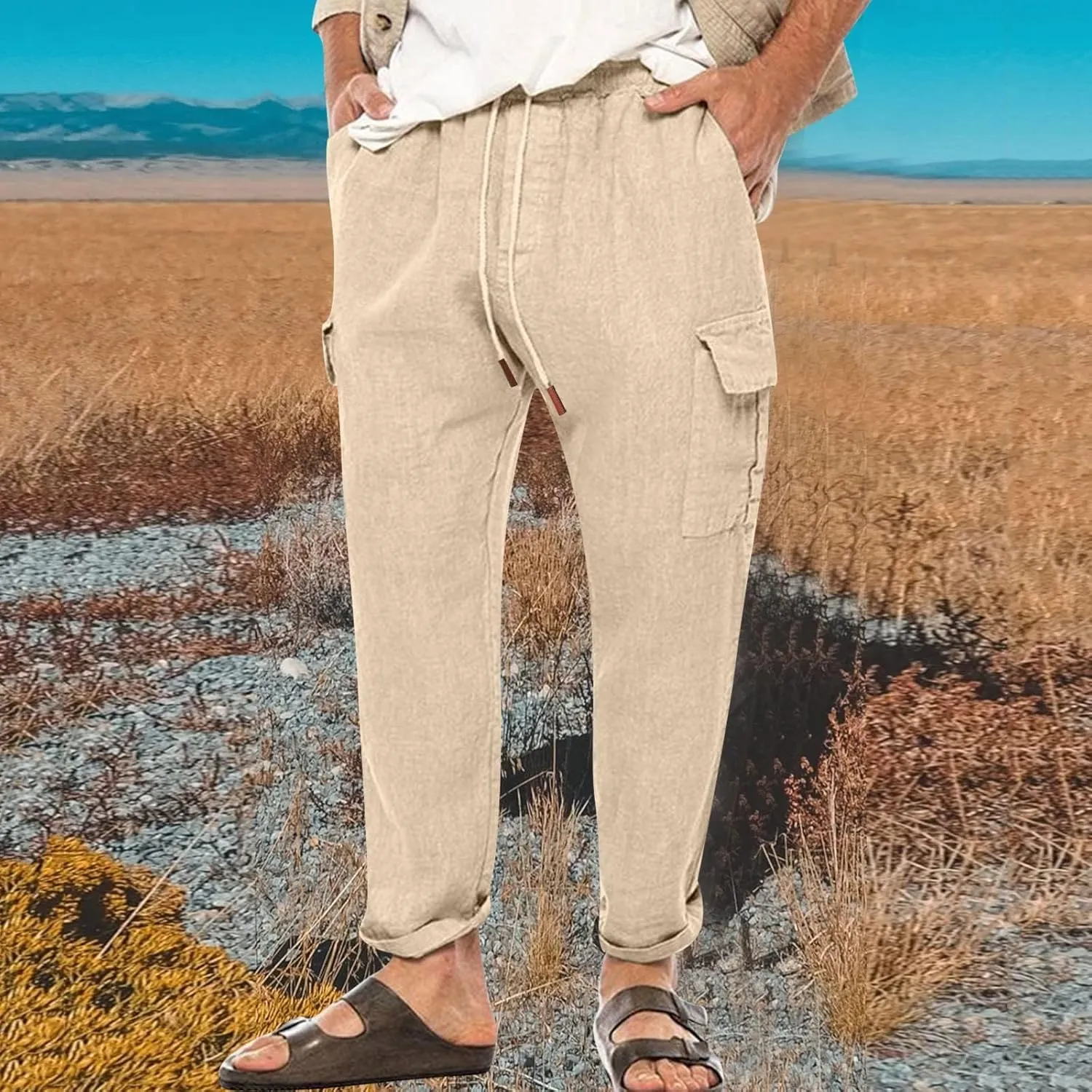 Men's Casual Pants Linen Relaxed Lightweight Casual Trousers Wide Leg Breathable Drawstring Waist Summer Beach Pant