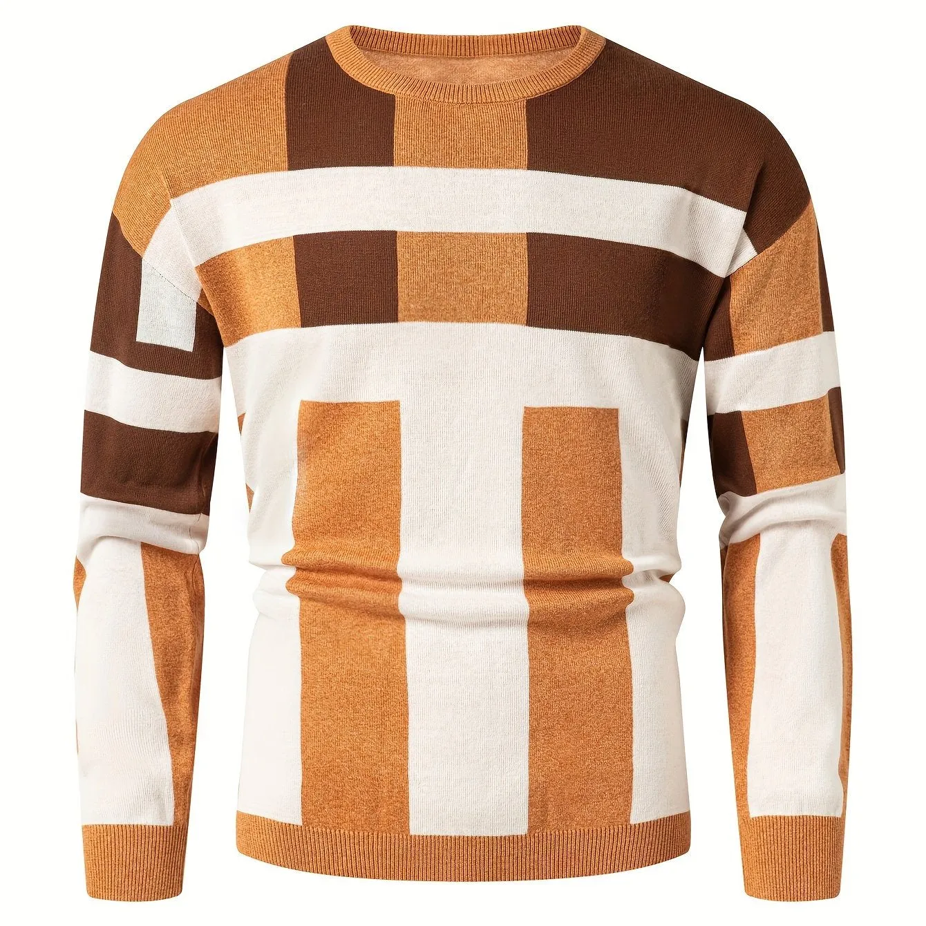 Men's Color Block Round Neck Sweater, Trendy Stretch Warm Pullover For Winter Outdoor