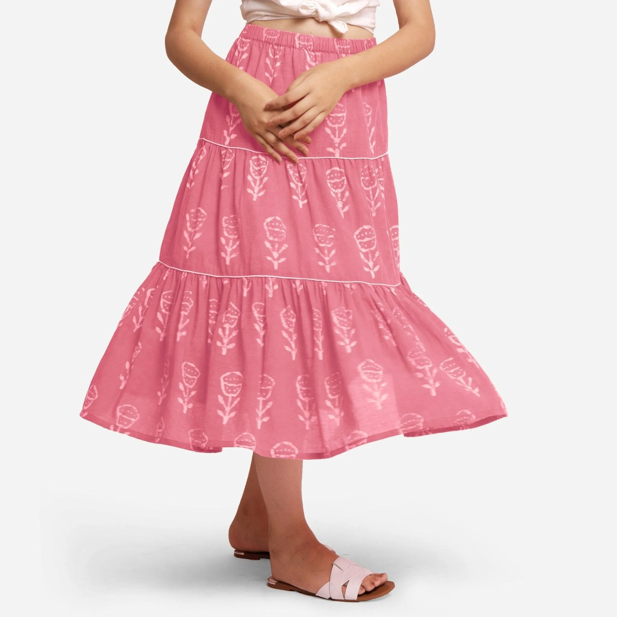 Pink Dabu Floral Block Printed Cotton Maxi Skirt