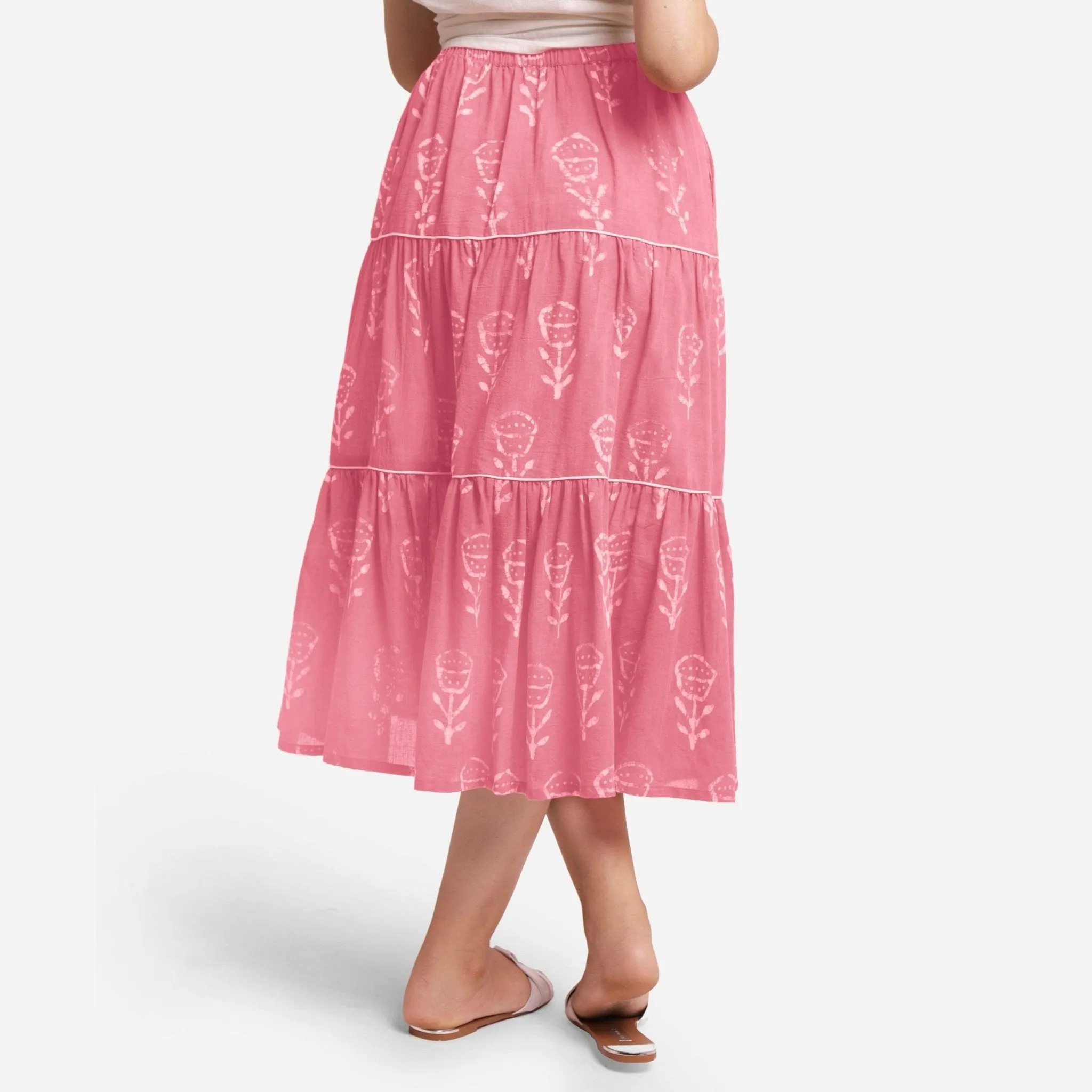 Pink Dabu Floral Block Printed Cotton Maxi Skirt